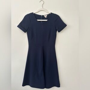 J.Crew Ribbed Fit Flare Dress Navy Blue Cuffed Short Sleeve Ponte